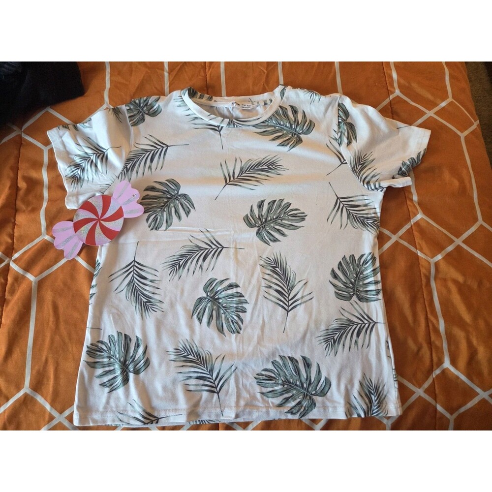 SHEIN boys Tropical Leaf Print Cotton T-Shirt White Green EU 140 US 10Y